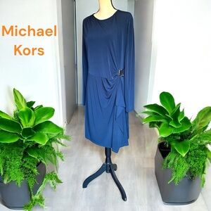 Michael Kors-XL navy blue ruched long sleeve faux wrap/gold detail. Back zip EUC
